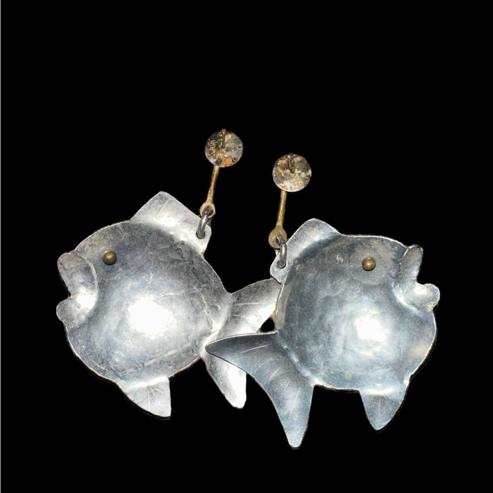 Aluminum and Brass Kissing Fish Earrings 3” - Picture 2 of 5